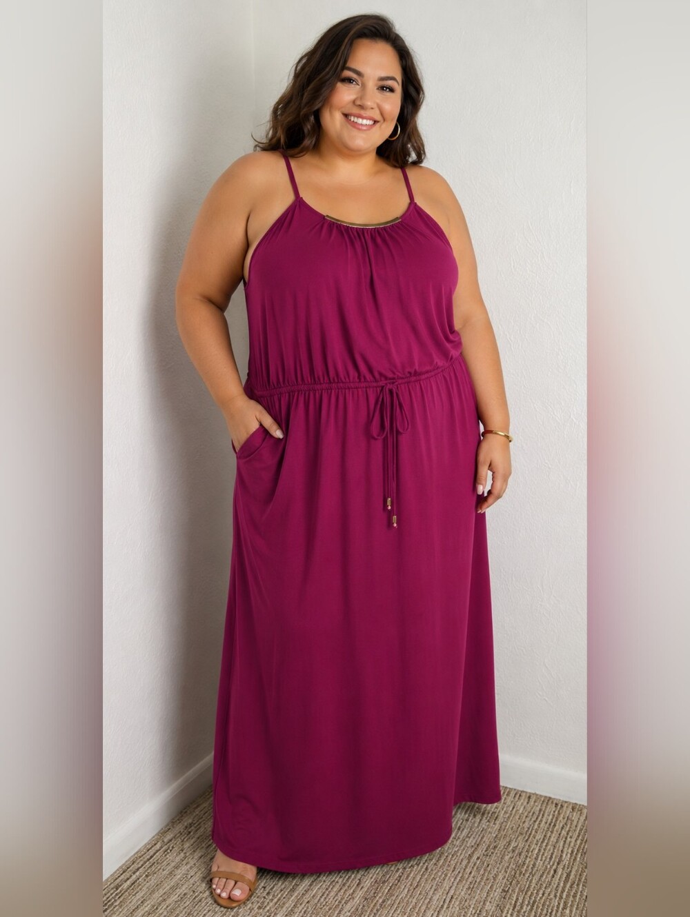 Lane Bryant Berry Halter-Style Maxi Dress with Gold Collar, Size 26/28